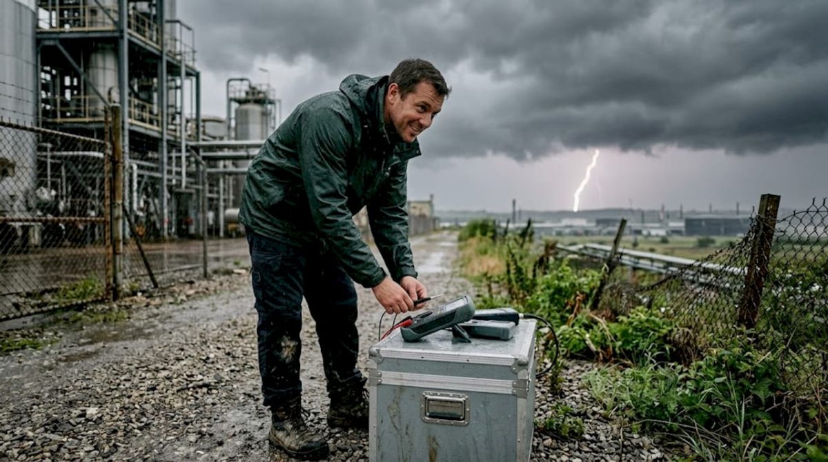 Un technicien inspecte les installations sous un ciel menaçant, prêt à l’orage.