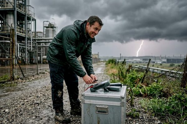 Un technicien inspecte les installations sous un ciel menaçant, prêt à l’orage.