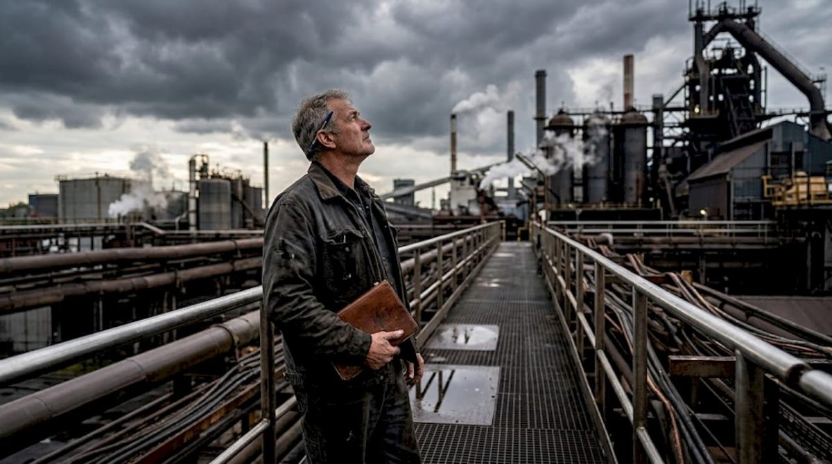 Un technicien industriel observe attentivement le ciel menaçant, prêt à intervenir en cas d’intempéries.