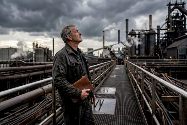 Un technicien industriel observe attentivement le ciel menaçant, prêt à intervenir en cas d’intempéries.