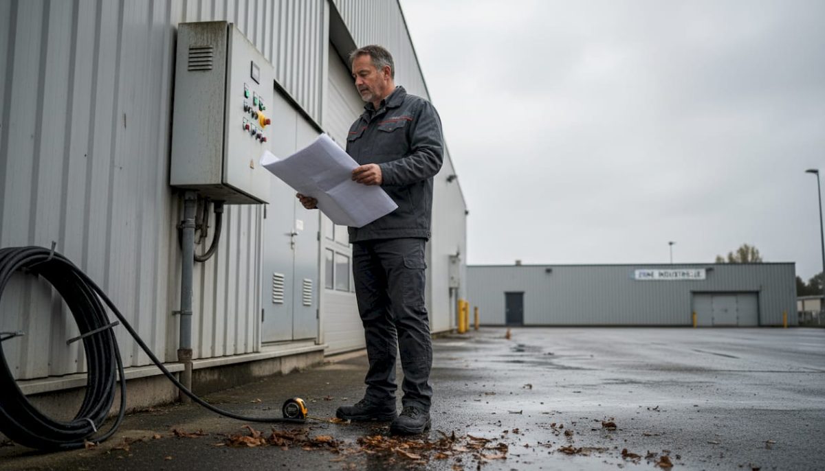 Un technicien réalise une inspection des systèmes de protection contre la foudre sur un site industriel.