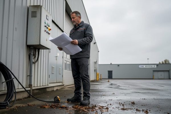 Un technicien réalise une inspection des systèmes de protection contre la foudre sur un site industriel.