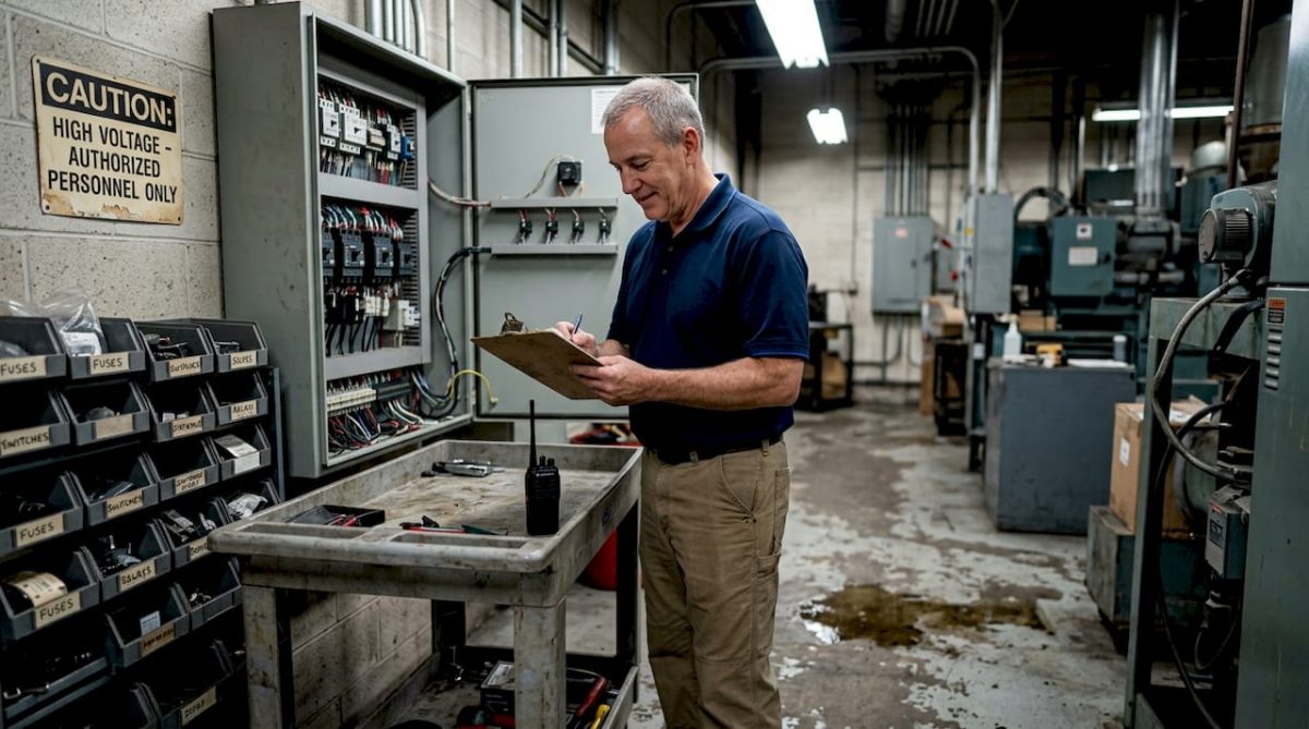Supervisor reviewing facility electrical protection checklist