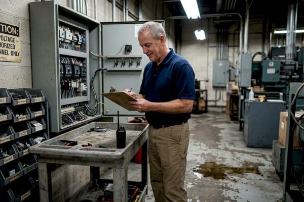 Supervisor reviewing facility electrical protection checklist