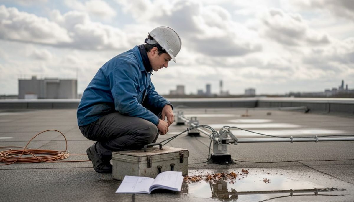 Un technicien effectue le contrôle d’un paratonnerre installé sur le toit d’un bâtiment industriel.