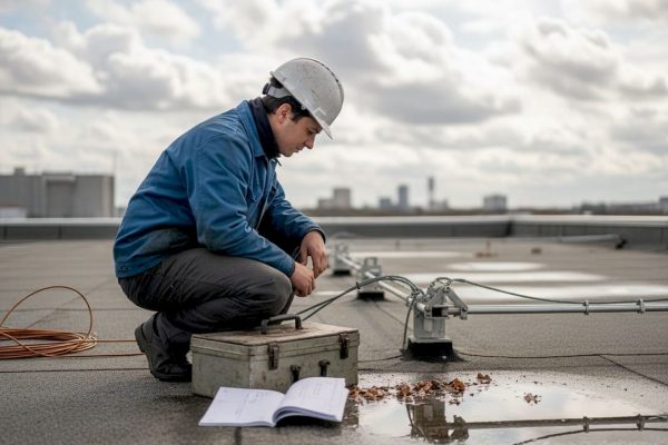 Un technicien effectue le contrôle d’un paratonnerre installé sur le toit d’un bâtiment industriel.
