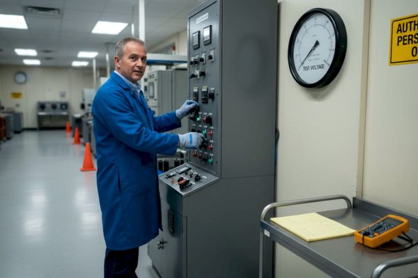 Lab technician adjusting lightning test controls