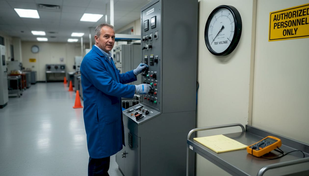 Lab technician adjusting lightning test controls