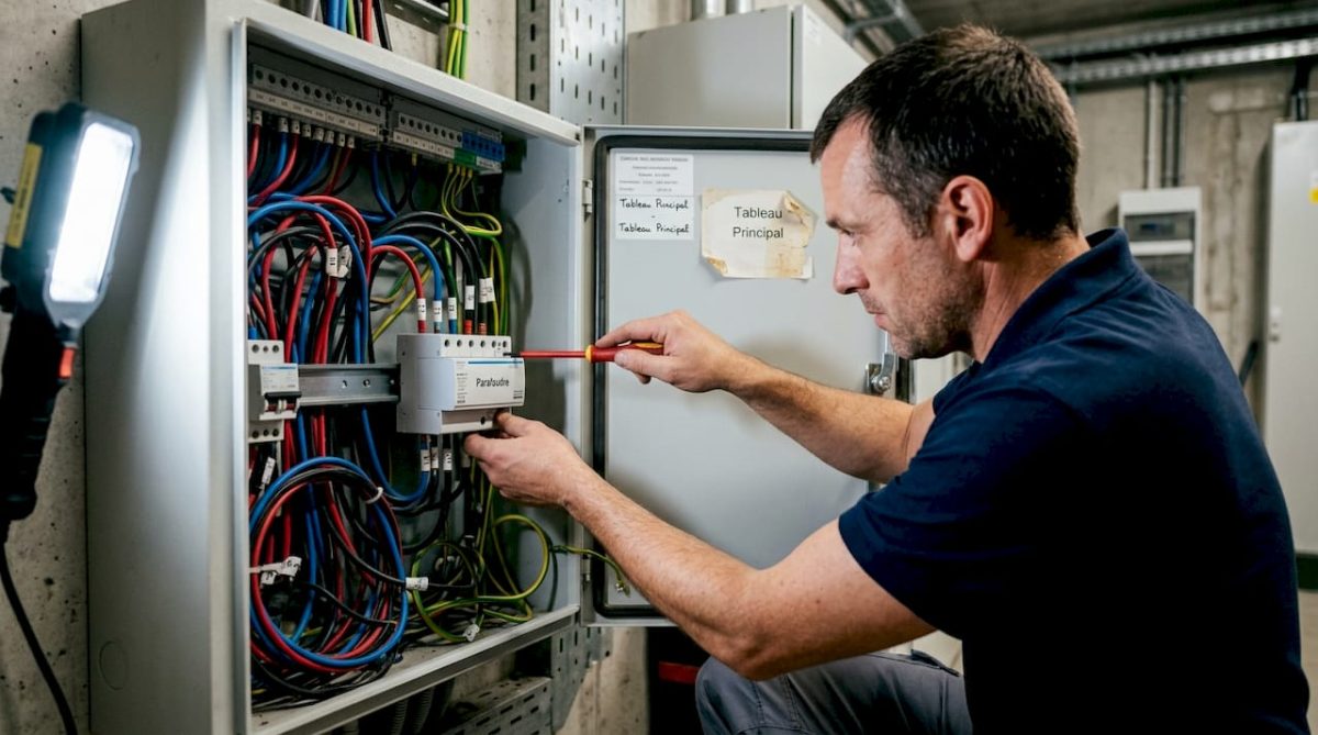 Un technicien procède à la pose d’un parafoudre sur un tableau électrique.