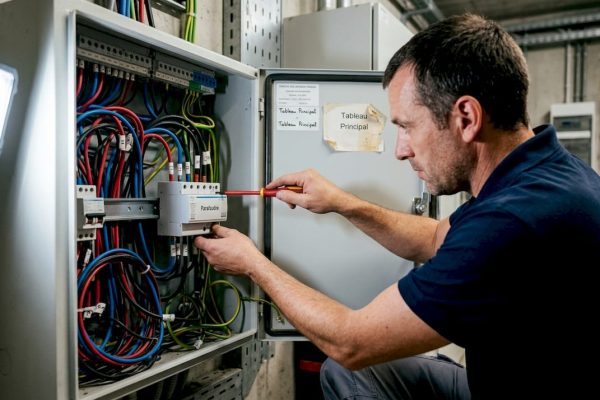 Un technicien procède à la pose d’un parafoudre sur un tableau électrique.