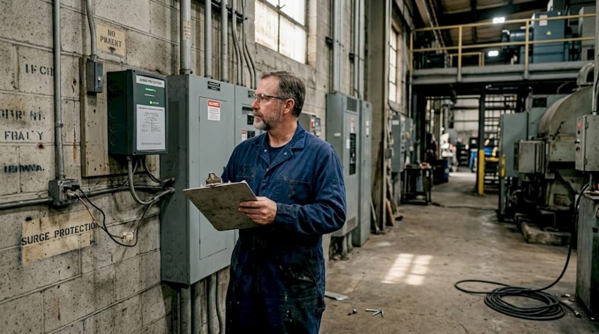 Engineer inspecting surge protection panel
