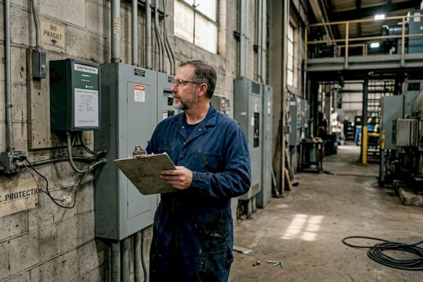 Engineer inspecting surge protection panel