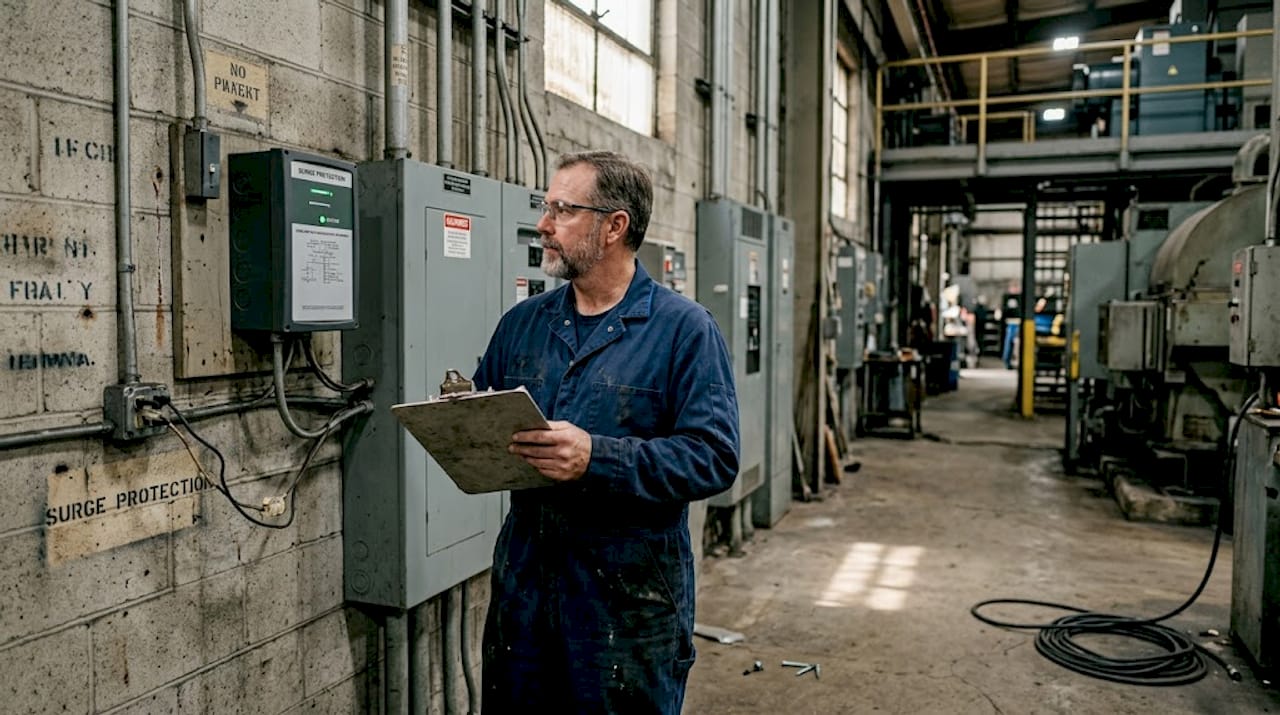 Engineer inspecting surge protection panel