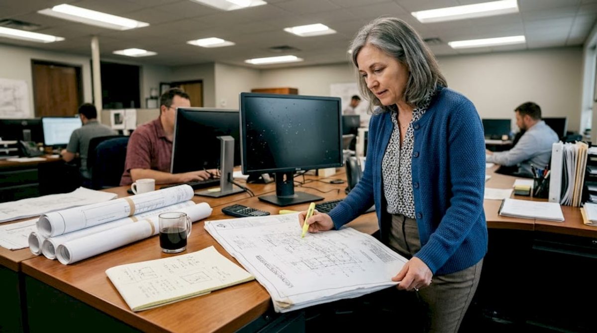 Manager reviewing lightning protection blueprint in office