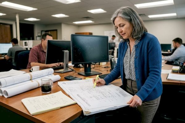 Manager reviewing lightning protection blueprint in office