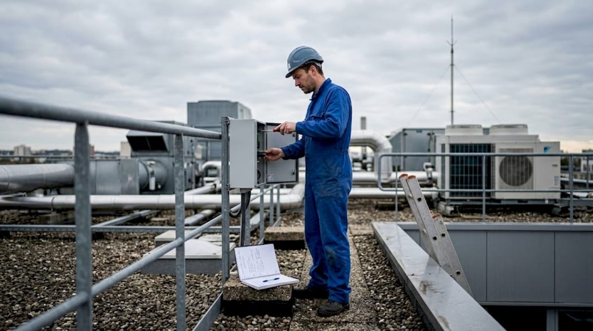 Un technicien procède à l’inspection d’un paratonnerre installé sur le toit d’un bâtiment industriel.