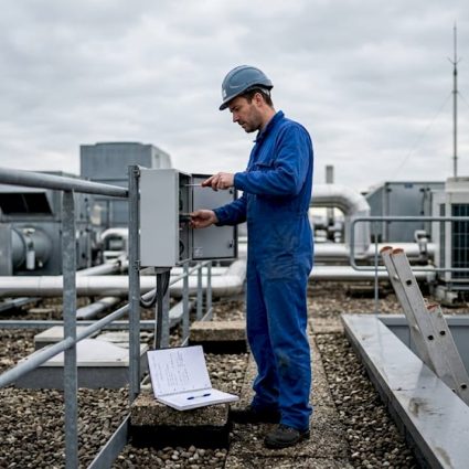 Un technicien procède à l’inspection d’un paratonnerre installé sur le toit d’un bâtiment industriel.