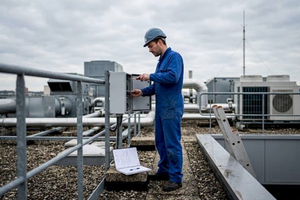 Un technicien procède à l’inspection d’un paratonnerre installé sur le toit d’un bâtiment industriel.