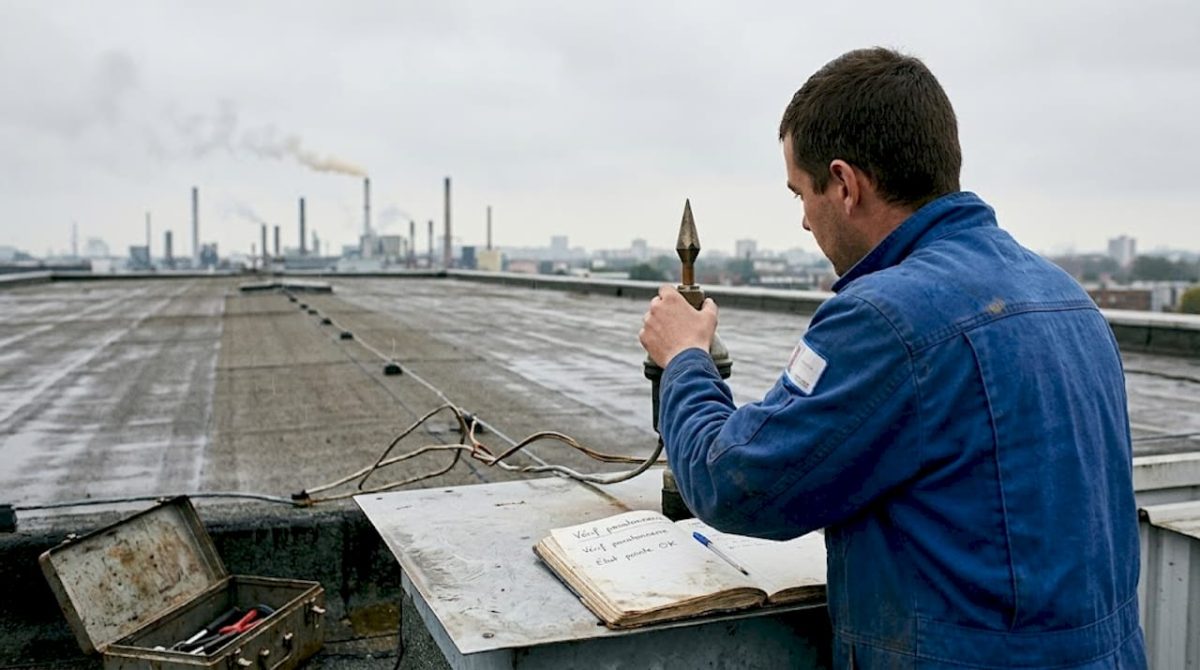 Un technicien procède à l’inspection du paratonnerre installé sur la toiture d’un bâtiment industriel.