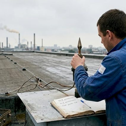 Un technicien procède à l’inspection du paratonnerre installé sur la toiture d’un bâtiment industriel.