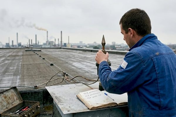 Un technicien procède à l’inspection du paratonnerre installé sur la toiture d’un bâtiment industriel.