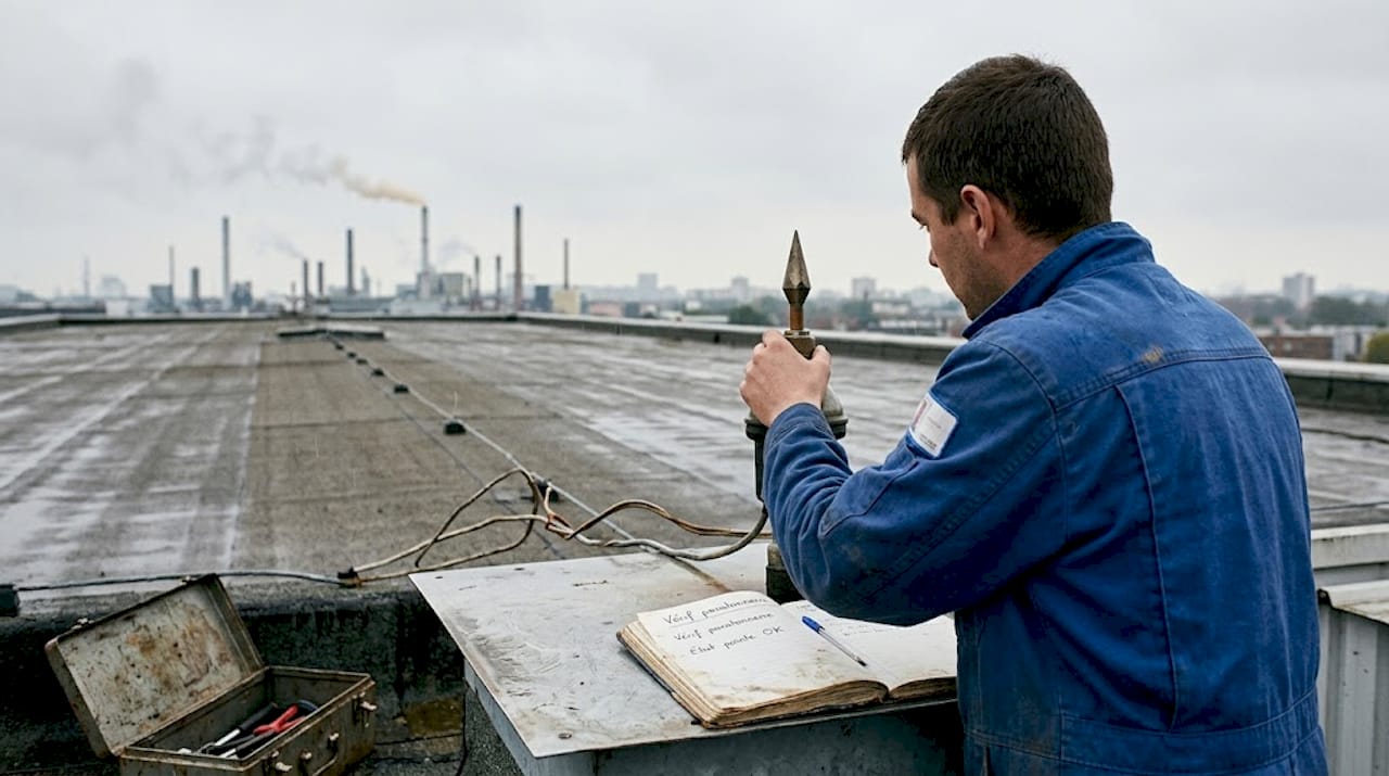 Un technicien procède à l’inspection du paratonnerre installé sur la toiture d’un bâtiment industriel.