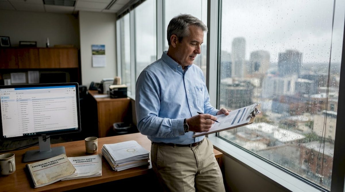 Facility manager checking storm damage report