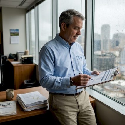 Facility manager checking storm damage report
