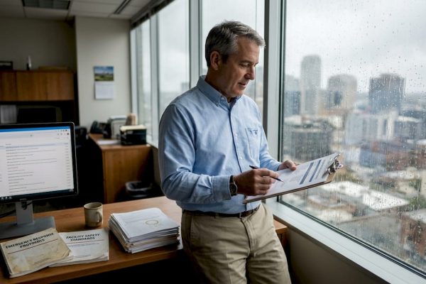 Facility manager checking storm damage report