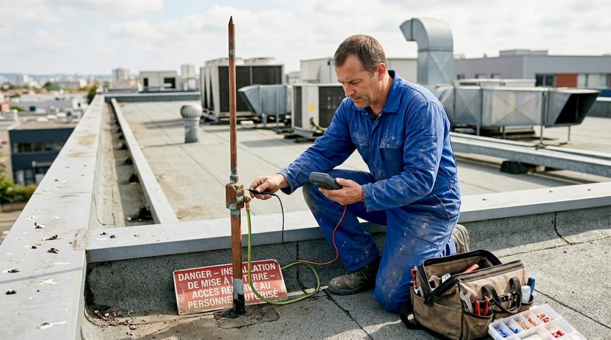 Un technicien procède à la vérification des raccordements du paratonnerre.