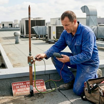Un technicien procède à la vérification des raccordements du paratonnerre.