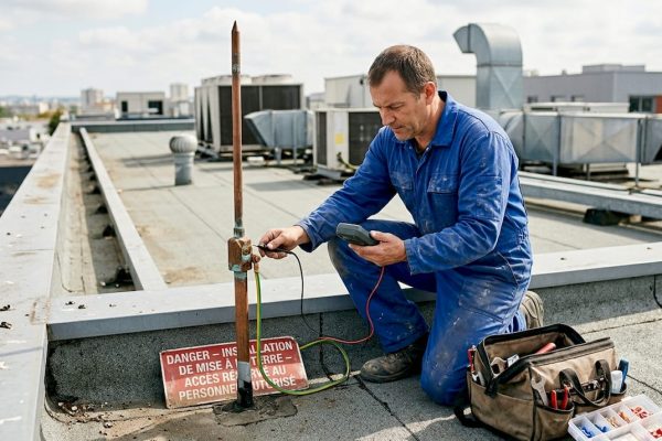 Un technicien procède à la vérification des raccordements du paratonnerre.