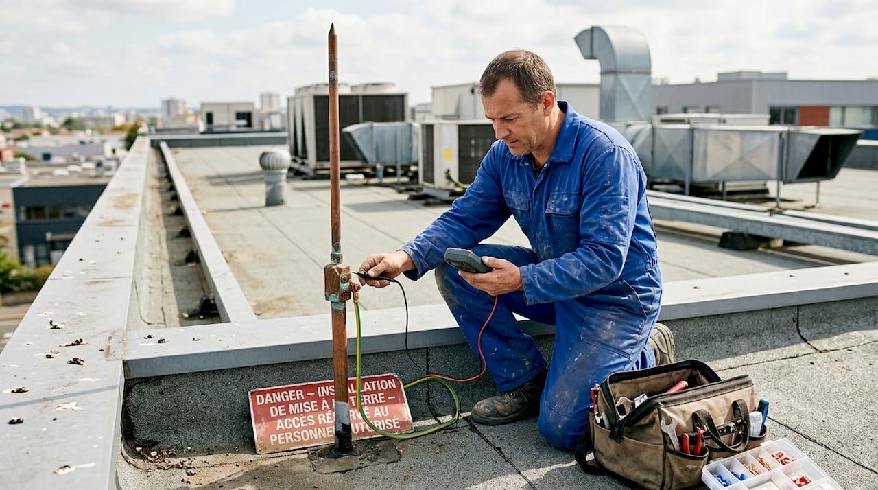 Un technicien procède à la vérification des raccordements du paratonnerre.