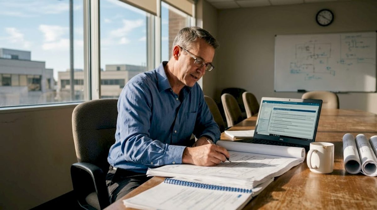 Facility manager reviewing certification criteria