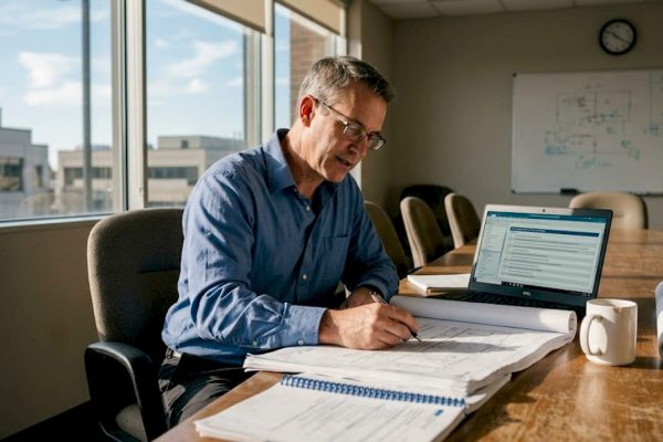 Facility manager reviewing certification criteria