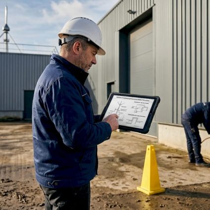 Un ingénieur procède à la vérification des installations de protection contre la foudre dans une usine.