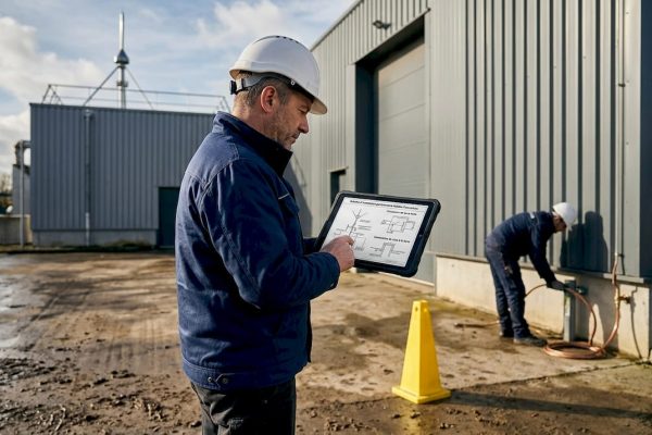 Un ingénieur procède à la vérification des installations de protection contre la foudre dans une usine.