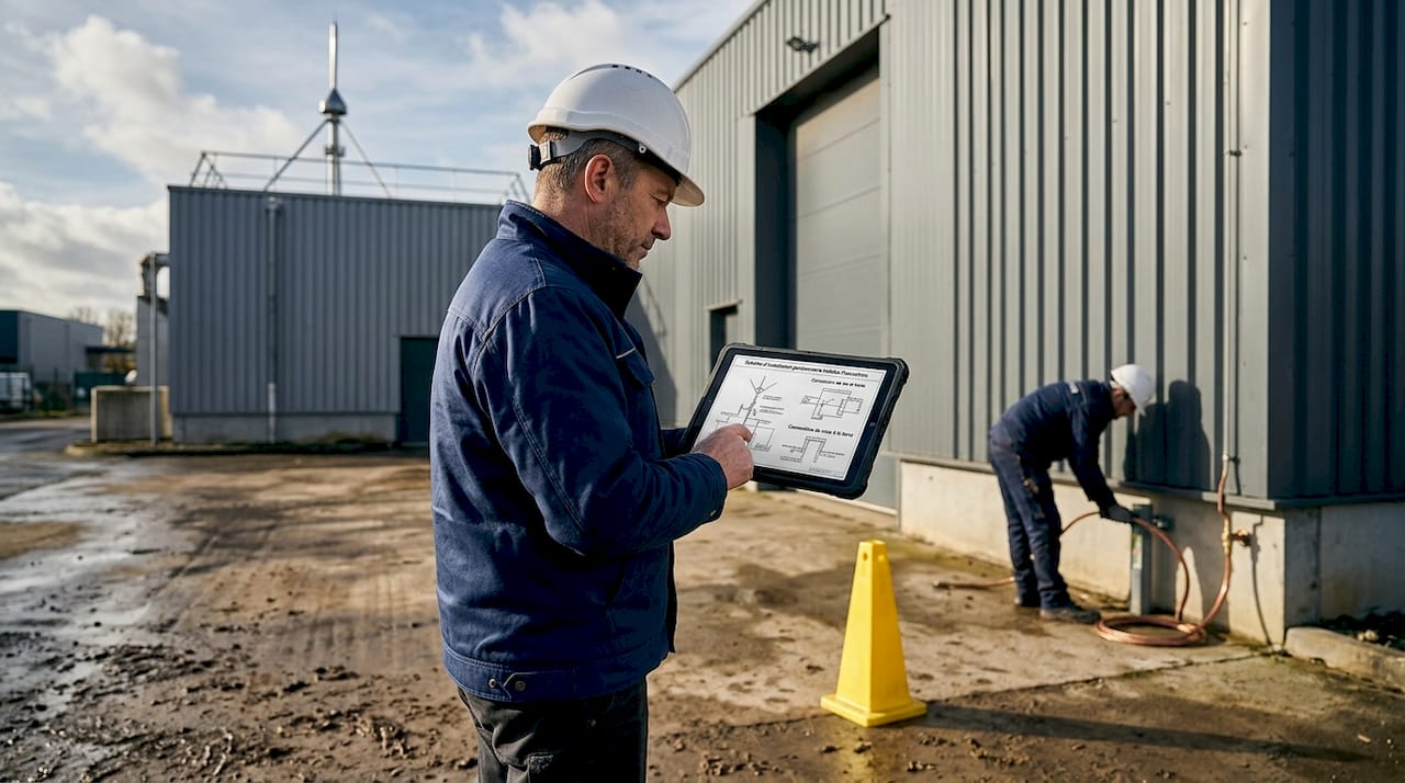 Un ingénieur procède à la vérification des installations de protection contre la foudre dans une usine.