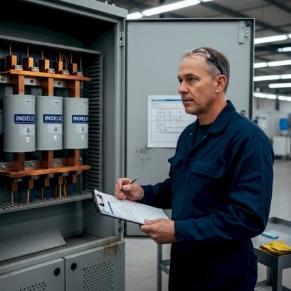Technician inspecting surge arresters in panel