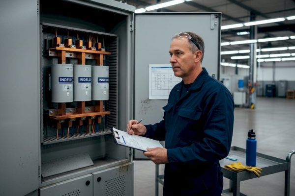 Technician inspecting surge arresters in panel