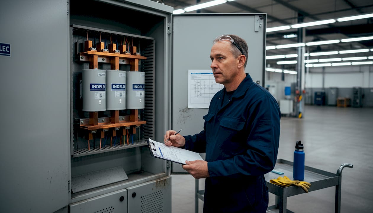 Technician inspecting surge arresters in panel