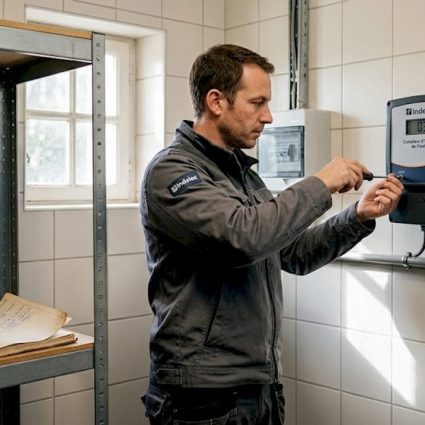 Un technicien procède à l’inspection d’un détecteur de foudre installé sur un mur.