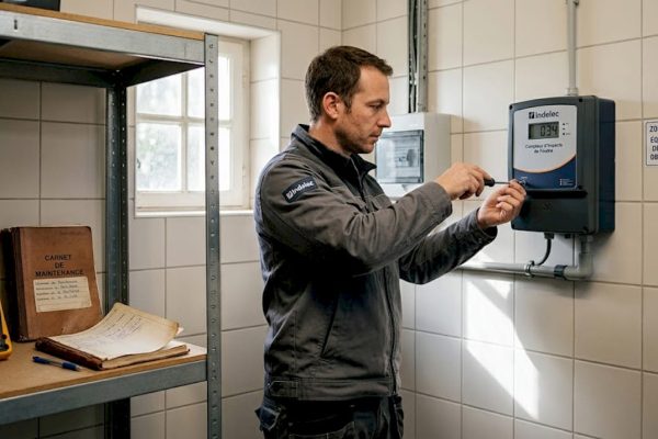 Un technicien procède à l’inspection d’un détecteur de foudre installé sur un mur.