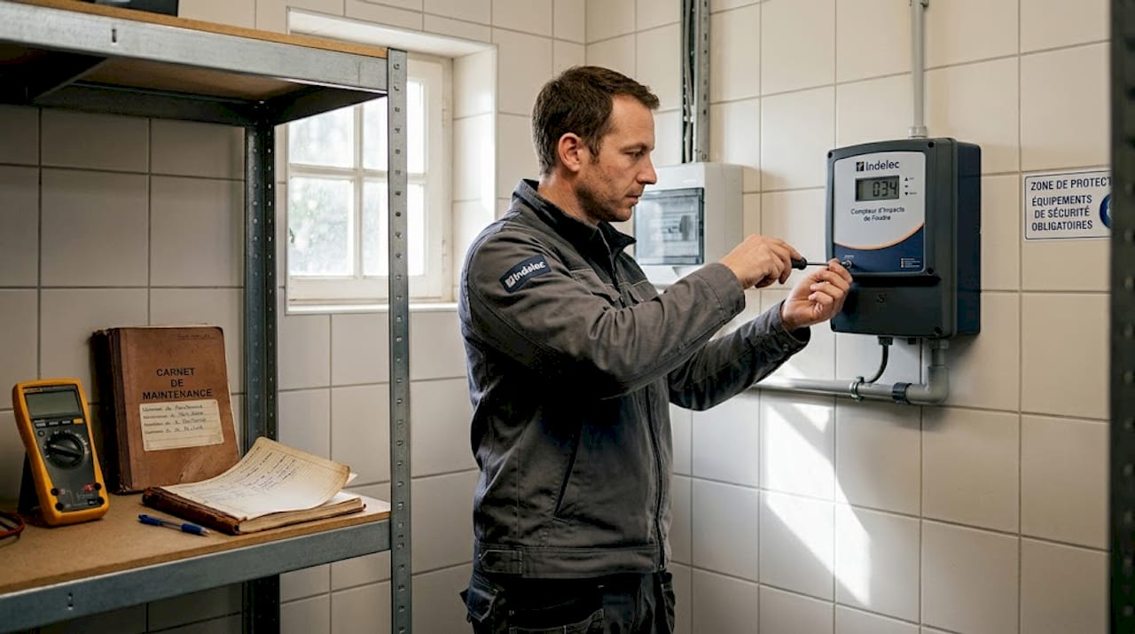 Un technicien procède à l’inspection d’un détecteur de foudre installé sur un mur.