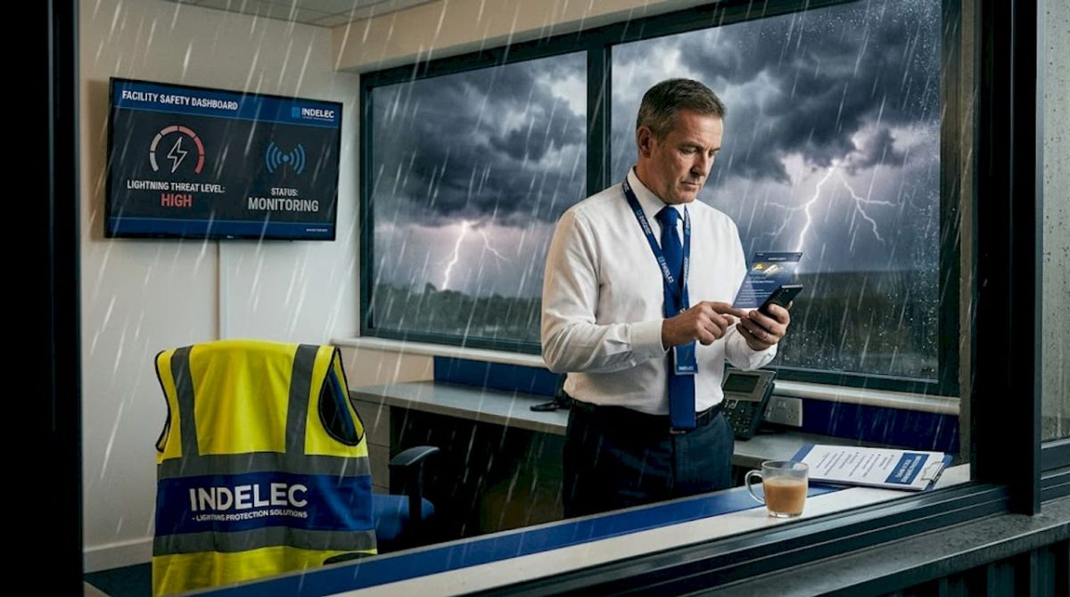 Plant manager watches lightning storm from control room