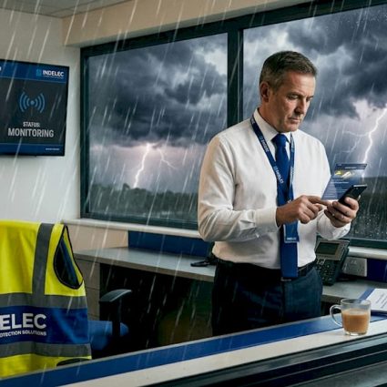 Plant manager watches lightning storm from control room