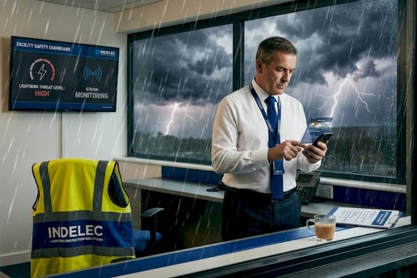 Plant manager watches lightning storm from control room