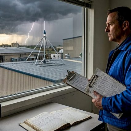 Facility manager observes lightning during storm