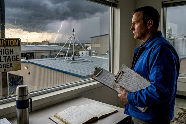 Facility manager observes lightning during storm