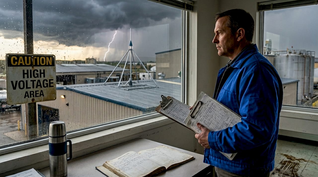 Facility manager observes lightning during storm